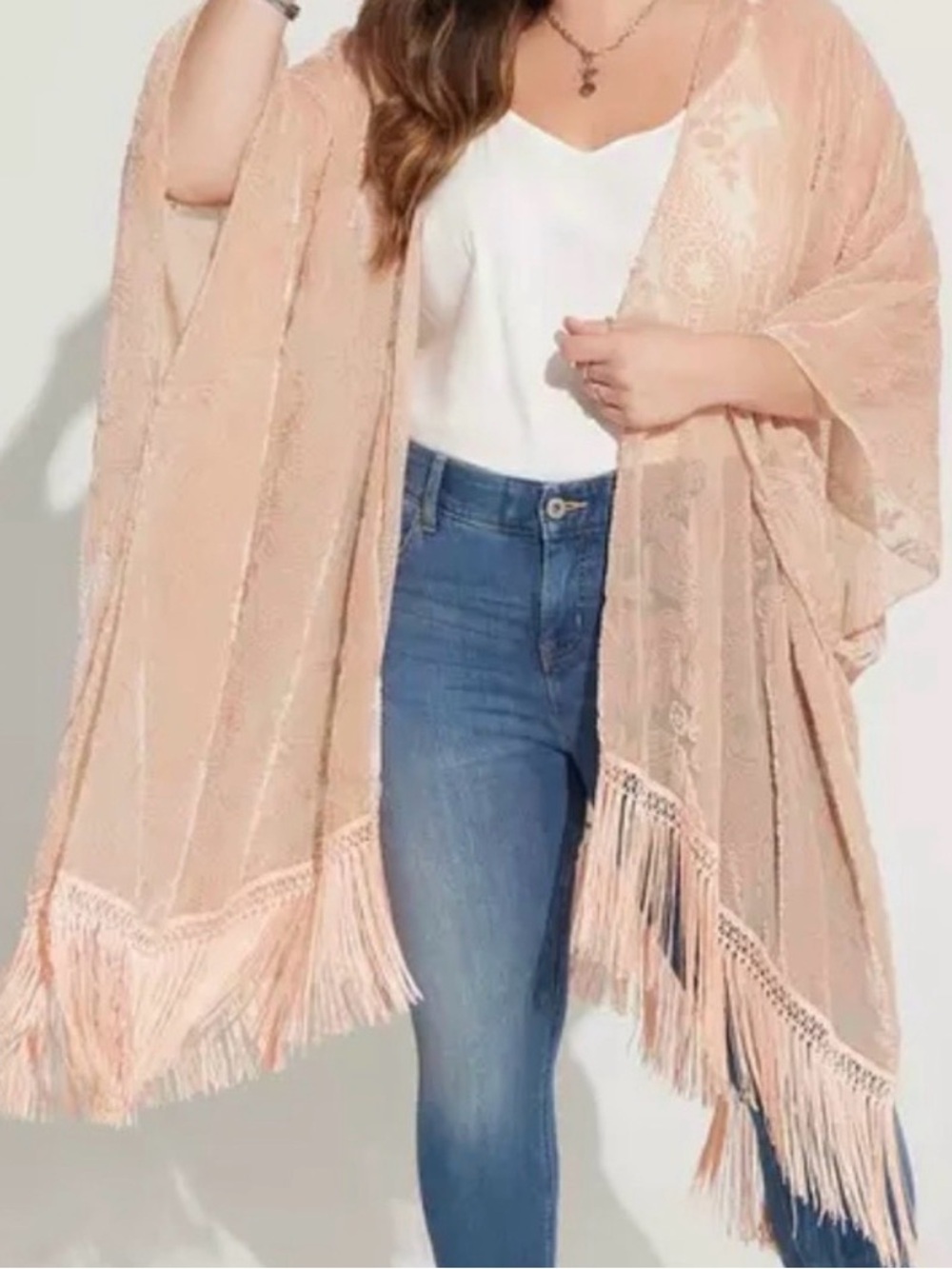 Torrid Burnout Fringed Fringe Ruana Lace Kimono in Champagne Blush Pink 2x-5x